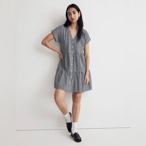 Madewell Cuff-Sleeve Button-Front Tiered Mini Dress in Gingham Check